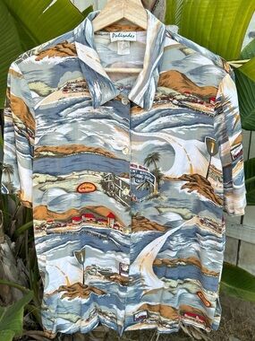 Vintage 1990s Palisades Coastal Print Shirt USA Made Size L